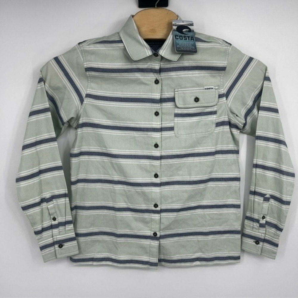 Costa Del Mar Women's M Flannel Sage Green Striped Long Sleeve Button Up Shirt